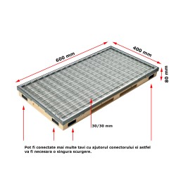 Ștergător de picioare încastrabil ACO Vario 2.0 Hybrid, cu tavă din beton cu polimeri și grătar retea ochiuri 30/30, 600x400x80mm