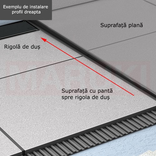Profil din inox pentru compensare panta dus, ACO ShowerStep, dreapta, lungime 1490mm, inaltime 10mm, finisaj negru mat