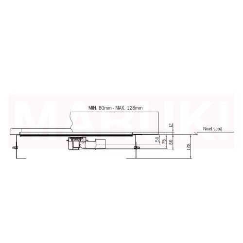 Rigolă de duș din inox ACO ShowerDrain M+ cu flanșă perete, grătar Piano, lungime 700mm, h=92mm