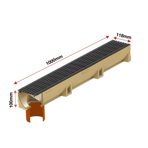 Set 11 rigole ACO Self Euroline din beton cu polimeri, grătar din fontă Intercept, A15, L=11m, lxh=11.8x10cm si accesorii