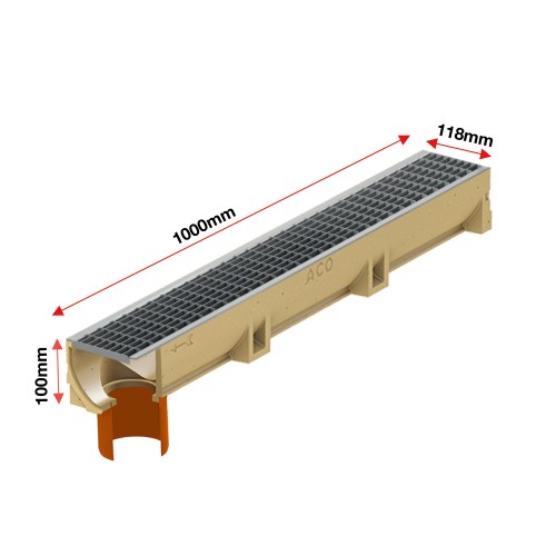 Set 10 rigole ACO Self Euroline din beton cu polimeri, grătar retea din otel zincat, A15,L=10m, lxh=11.8x10cm si accesorii