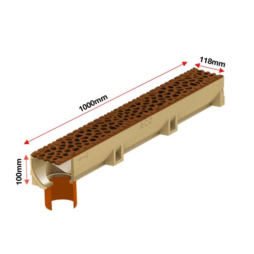 Set 4 rigole ACO Self Euroline din beton cu polimeri, grătar din fontă model Voronoi Corten, B125, L=4m, lxh=11.8x10cm si accesorii