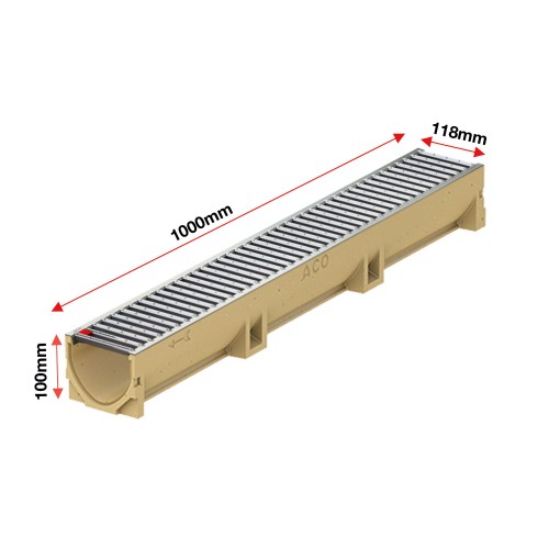 Set 4 rigole ACO Self Euroline din beton cu polimeri, grătar nervurat din inox, A15, L=4cm, lxh=11.8x10cm si accesorii