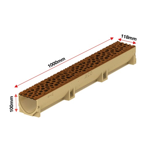 Set 9 rigole ACO Self Euroline din beton cu polimeri, grătar din fontă model Voronoi Corten, B125, L=9m, lxh=11.8x10cm si accesorii