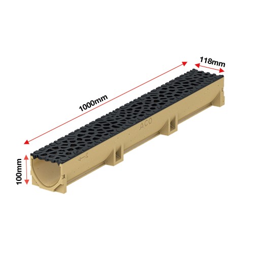 Set 10 rigole ACO Self Euroline din beton cu polimeri, grătar din fontă model Voronoi negru, B125,L=10m, lxh=11.8x10cm si accesorii