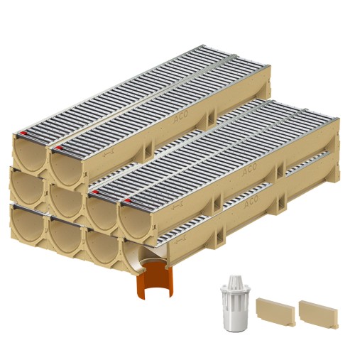 Set 10 rigole ACO Self Euroline din beton cu polimeri, grătar nervurat din inox, A15,L=10m, lxh=11.8x10cm si accesorii