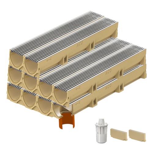 Set 10 rigole ACO Self Euroline din beton cu polimeri, grătar profil triunghiular inox, A15,L=10m, lxh=11.8x10cm si accesorii