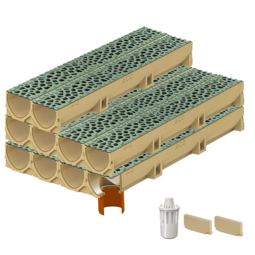 Set 10 rigole ACO Self Euroline din beton cu polimeri, grătar din fontă model Voronoi Malachite, B125,L=10m, lxh=11.8x10cm si accesorii