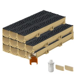 Set 11 rigole ACO Self Euroline din beton cu polimeri, grătar din fontă model Voronoi negru, B125, L=11m, lxh=11.8x10cm si accesorii