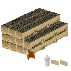 Set 11 rigole ACO Self Euroline din beton cu polimeri, grătar din fontă model Voronoi Quartz Fume, B125, L=11m, lxh=11.8x10cm si accesorii