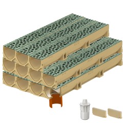 Set 11 rigole ACO Self Euroline din beton cu polimeri, grătar din fontă model Voronoi Malachite, B125, L=11m, lxh=11.8x10cm si accesorii