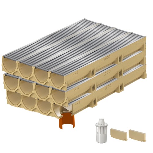 Set 12 rigole ACO Self Euroline din beton cu polimeri, grătar standard din otel zincat, A15, L=12m, lxh=11.8x10cm si accesorii