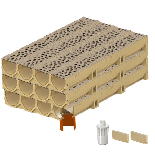 Set 12 rigole ACO Self Euroline din beton cu polimeri, grătar din fontă model Voronoi Citrine, B125, L=12m, lxh=11.8x10cm si accesorii