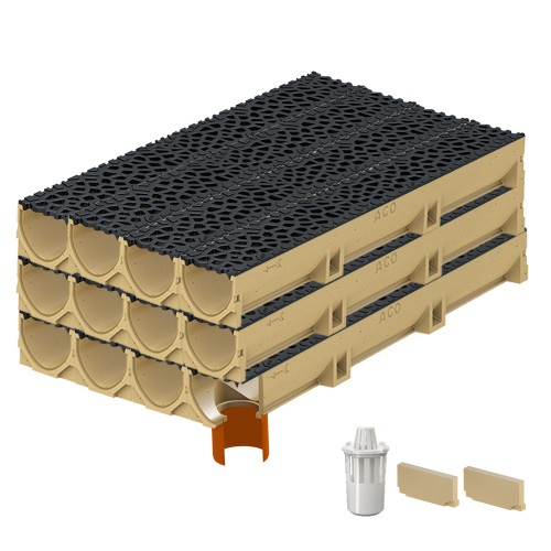 Set 12 rigole ACO Self Euroline din beton cu polimeri, grătar din fontă model Voronoi negru, B125, L=12m, lxh=11.8x10cm si accesorii