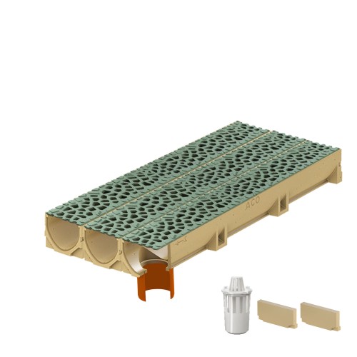 Set 3 rigole ACO Self Euroline din beton cu polimeri, grătar din fontă model Voronoi Malachite, B125, L=3m, lxh=11.8x10cm si accesorii