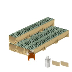 Set 4 rigole ACO Self Euroline din beton cu polimeri, grătar din fontă model Voronoi Malachite, B125, L=4m, lxh=11.8x10cm si accesorii