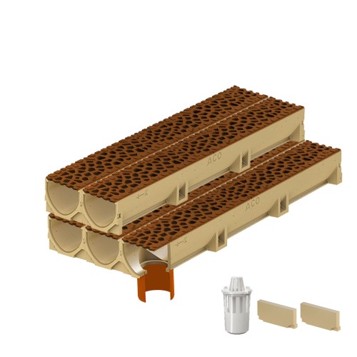 Set 5 rigole ACO Self Euroline din beton cu polimeri, grătar din fontă model Voronoi Corten, B125, L=5m, lxh=11.8x10cm si accesorii