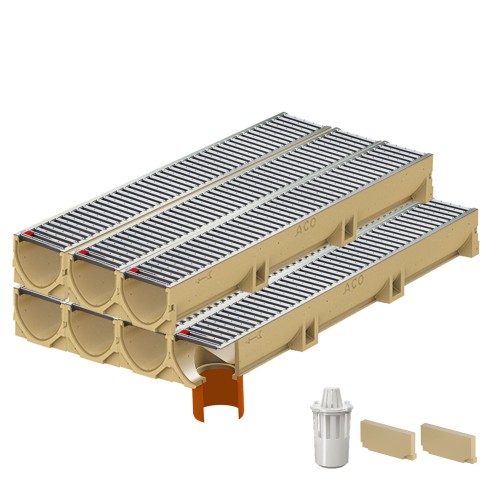 Set 7 rigole ACO Self Euroline din beton cu polimeri, grătar nervurat din inox, A15, L=7m, lxh=11.8x10cm si accesorii