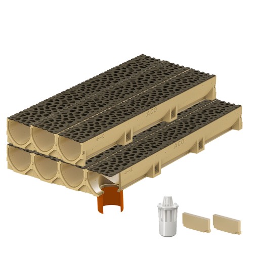 Set 7 rigole ACO Self Euroline din beton cu polimeri, grătar din fontă model Voronoi Quartz Fume, B125, L=7m, lxh=11.8x10cm si accesorii