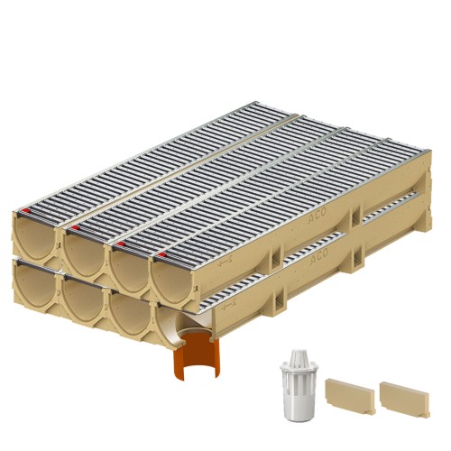 Set 8 rigole ACO Self Euroline din beton cu polimeri, grătar nervurat din inox, A15, L=8m, lxh=11.8x10cm si accesorii