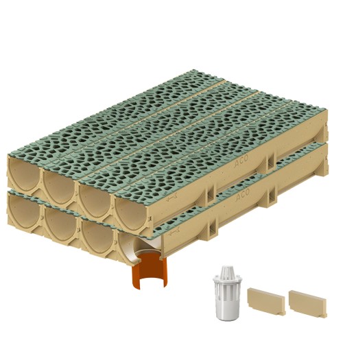 Set 8 rigole ACO Self Euroline din beton cu polimeri, grătar din fontă model Voronoi Malachite, B125, L=8m, lxh=11.8x10cm si accesorii