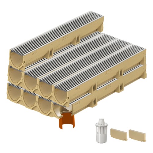 Set 9 rigole ACO Self Euroline din beton cu polimeri, grătar profil triunghiular inox, A15, L=9m, lxh=11.8x10cm si accesorii