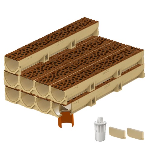 Set 9 rigole ACO Self Euroline din beton cu polimeri, grătar din fontă model Voronoi Corten, B125, L=9m, lxh=11.8x10cm si accesorii