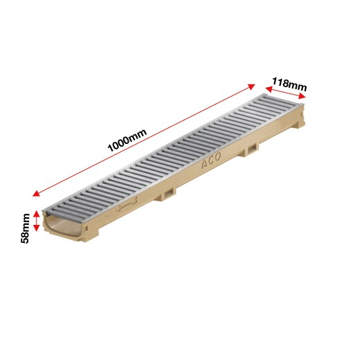 Set 11 rigole cu accesorii ACO Self Euroline 60 din beton cu polimeri, cu grătar din oțel zincat, lungime 100 cm