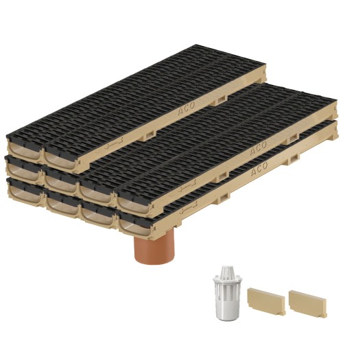 Set 10 rigole cu accesorii ACO Self Euroline 60 din beton cu polimeri 100cm, cu grătar nervurat A15 100cm din polipropilena negru, Microgrip