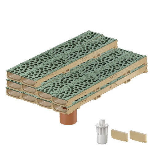 Set 10 rigole cu accesorii ACO Self Euroline 60 din beton cu polimeri 100cm, cu grătar Self tip Voronoi 50cm din fonta, Malachite, B125