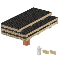 Set 11 rigole ACO Self Euroline 60 din beton cu polimeri, grătar din PP negru, antiderapant, A15, L=11m, lxh=11.8x6cm si accesorii