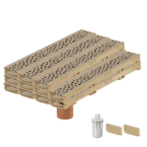 Set 11 rigole cu accesorii ACO Self Euroline 60 din beton cu polimeri 100cm, cu grătar Self tip Voronoi 50cm din fonta,  Citrine, B125