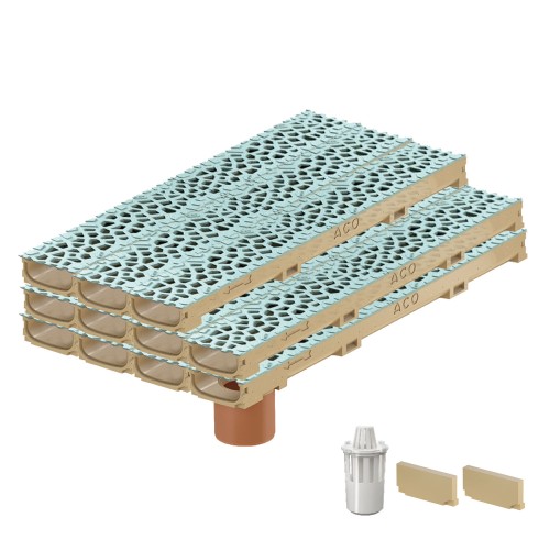 Set 11 rigole cu accesorii ACO Self Euroline 60 din beton cu polimeri 100cm, cu grătar Self tip Voronoi 50cm din fonta, Perle, B125