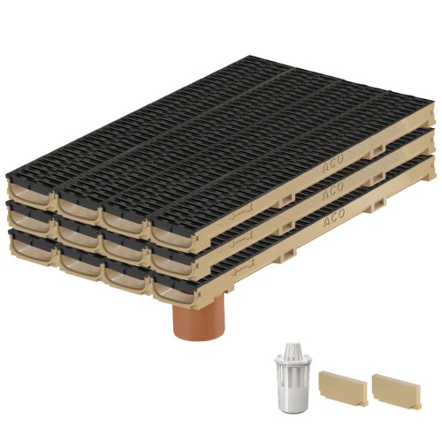 Set 12 rigole cu accesorii ACO Self Euroline 60 din beton cu polimeri 100cm, cu grătar nervurat A15 100cm din polipropilena negru, Microgrip