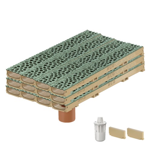 Set 12 rigole cu accesorii ACO Self Euroline 60 din beton cu polimeri 100cm, cu grătar Self tip Voronoi 50cm din fonta, Malachite, B125