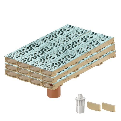 Set 12 rigole cu accesorii ACO Self Euroline 60 din beton cu polimeri 100cm, cu grătar Self tip Voronoi 50cm din fonta, Perle, B125