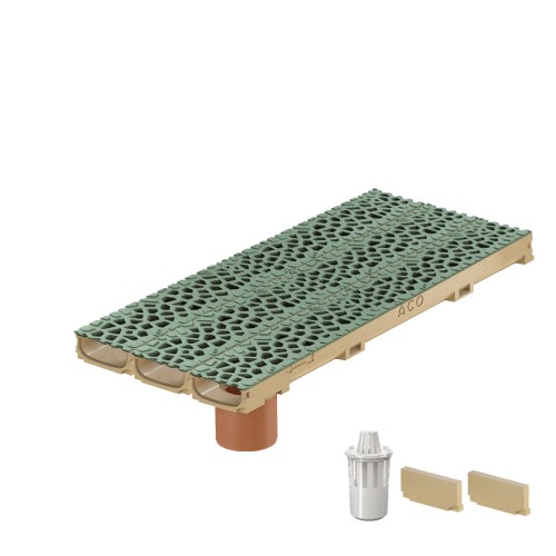 Set 3 rigole cu accesorii ACO Self Euroline 60 din beton cu polimeri 100cm, cu grătar Self tip Voronoi 50cm din fonta, Malachite, B125