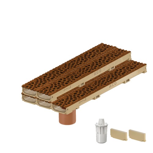 Set 5 rigole cu accesorii ACO Self Euroline 60 din beton cu polimeri 100cm, cu grătar Self tip Voronoi 50cm din fonta, Corten, B125