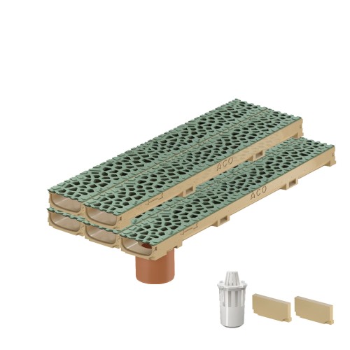 Set 5 rigole cu accesorii ACO Self Euroline 60 din beton cu polimeri 100cm, cu grătar Self tip Voronoi 50cm din fonta, Malachite, B125