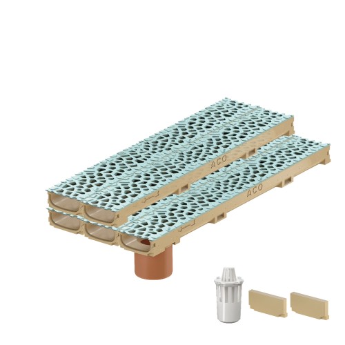 Set 5 rigole cu accesorii ACO Self Euroline 60 din beton cu polimeri 100cm, cu grătar Self tip Voronoi 50cm din fonta, Perle, B125