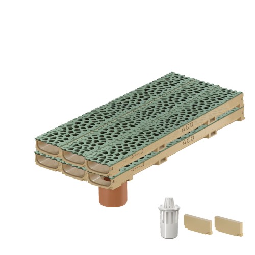 Set 6 rigole cu accesorii ACO Self Euroline 60 din beton cu polimeri 100cm, cu grătar Self tip Voronoi 50cm din fonta, Malachite, B125