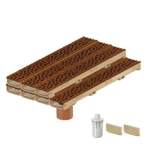 Set 7 rigole cu accesorii ACO Self Euroline 60 din beton cu polimeri 100cm, cu grătar Self tip Voronoi 50cm din fonta, Corten, B125