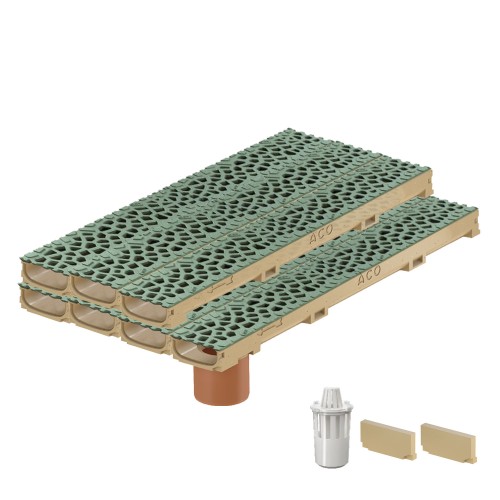 Set 7 rigole cu accesorii ACO Self Euroline 60 din beton cu polimeri 100cm, cu grătar Self tip Voronoi 50cm din fonta, Malachite, B125