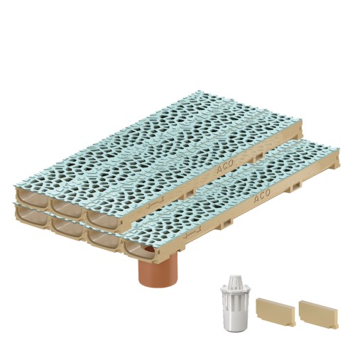 Set 7 rigole cu accesorii ACO Self Euroline 60 din beton cu polimeri 100cm, cu grătar Self tip Voronoi 50cm din fonta, Perle, B125