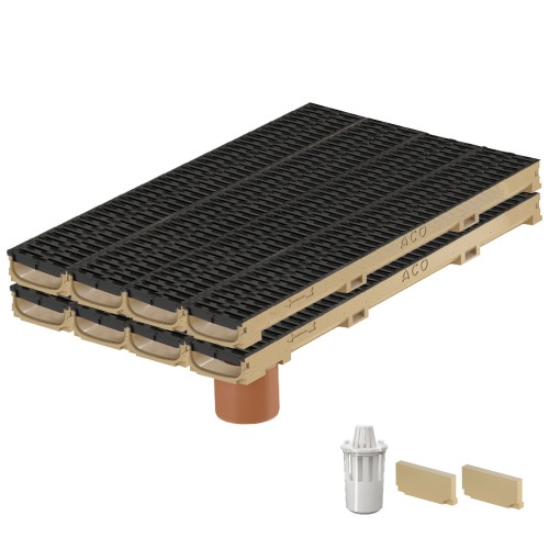 Set 8 rigole cu accesorii ACO Self Euroline 60 din beton cu polimeri 100cm, cu grătar nervurat A15 100cm din polipropilena negru, Microgrip