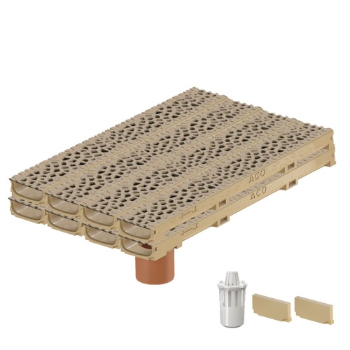 Set 8 rigole cu accesorii ACO Self Euroline 60 din beton cu polimeri 100cm, cu grătar Self tip Voronoi 50cm din fonta,  Citrine, B125