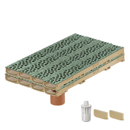 Set 8 rigole cu accesorii ACO Self Euroline 60 din beton cu polimeri 100cm, cu grătar Self tip Voronoi 50cm din fonta, Malachite, B125