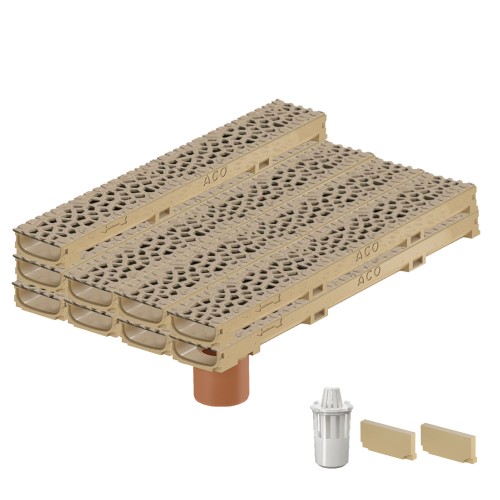 Set 9 rigole cu accesorii ACO Self Euroline 60 din beton cu polimeri 100cm, cu grătar Self tip Voronoi 50cm din fonta,  Citrine, B125