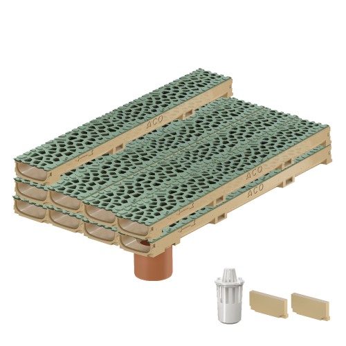 Set 9 rigole cu accesorii ACO Self Euroline 60 din beton cu polimeri 100cm, cu grătar Self tip Voronoi 50cm din fonta, Malachite, B125