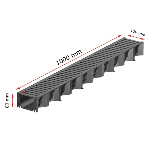 Set 8 rigole ACO Self Hexaline 2.0 din polipropilena, grătar nervurat din otel zincat antracit, A15, L=8m, lxh=12.9x8cm si accesorii